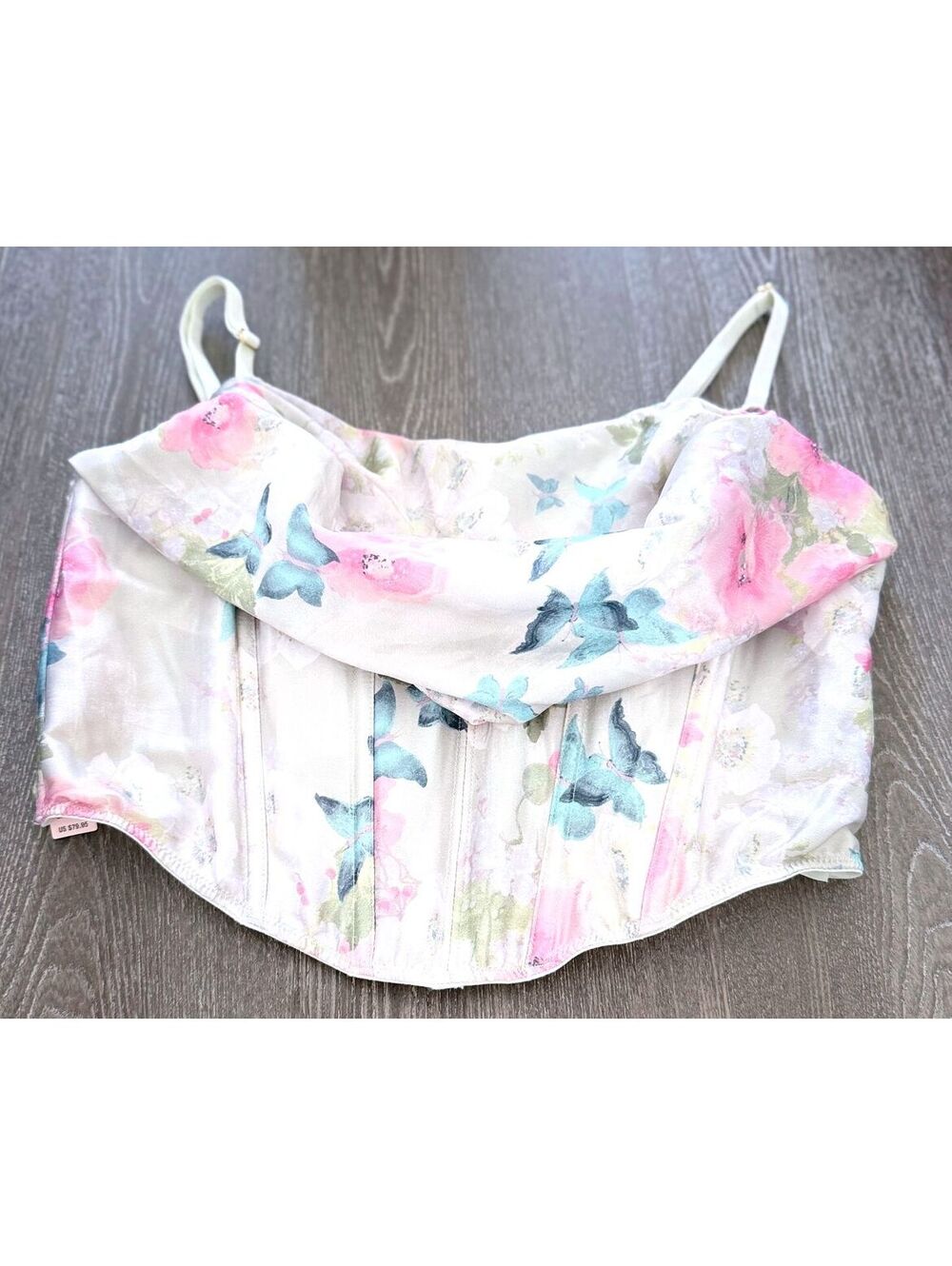 VS Dream Angels Pink Delicate Garden Print Satin Cowl Neck Corset Bra Top Large